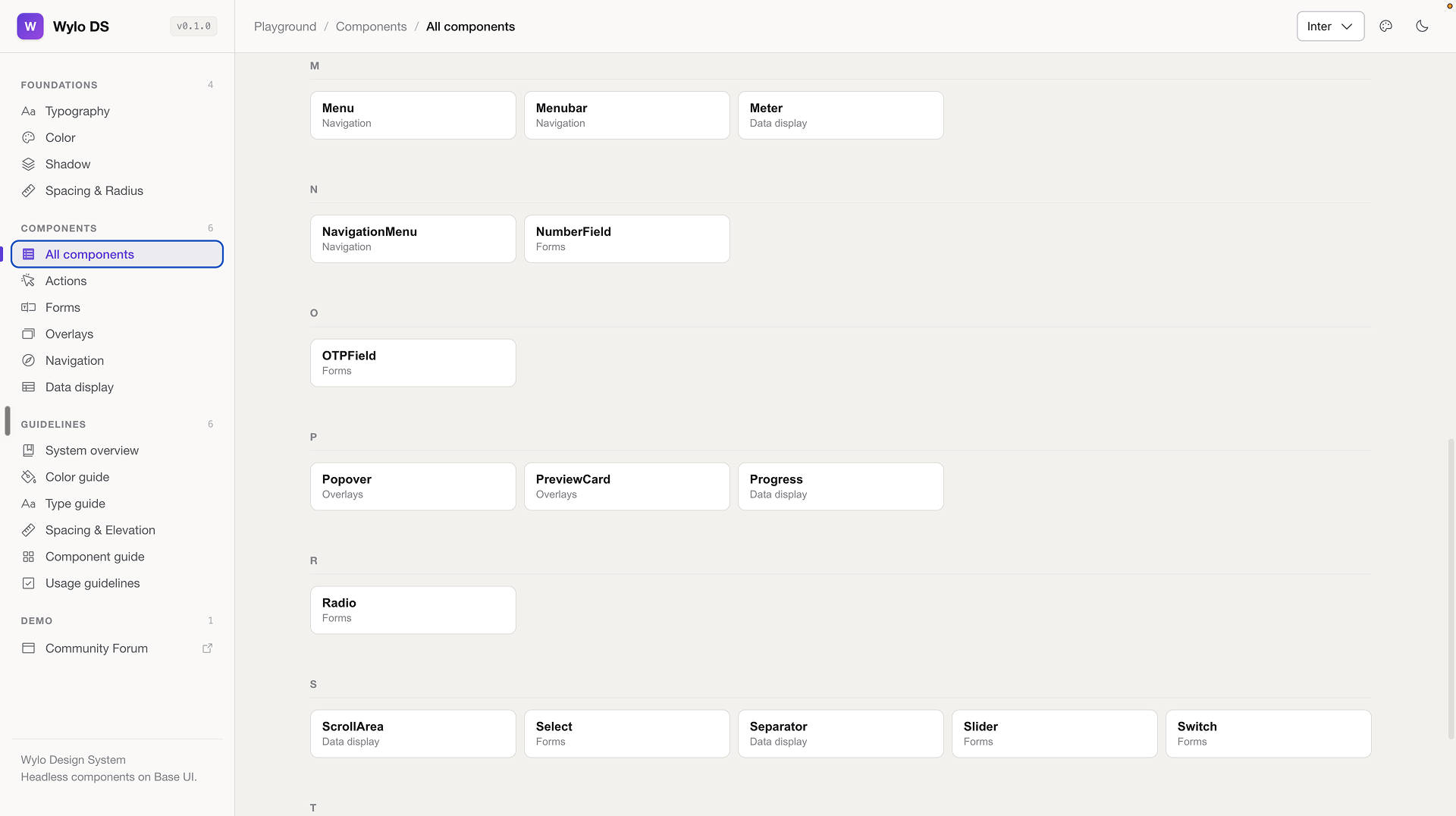 The playground, with the font picker, palette and dark mode toggle in its top right