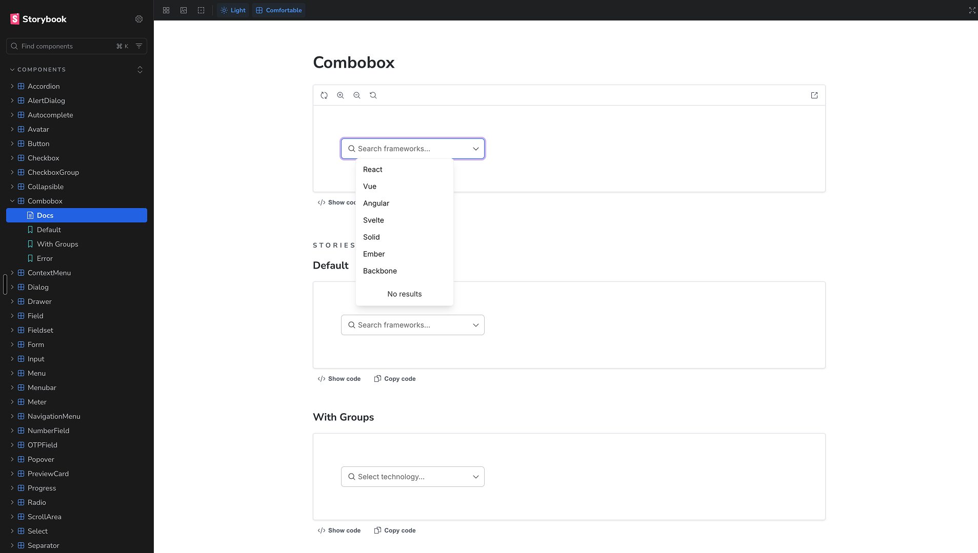 Storybook: the Combobox component with its documentation and each of its stories